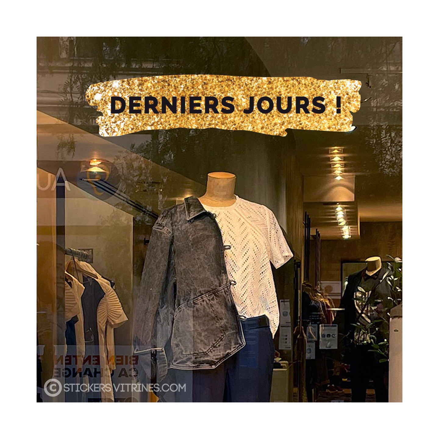 Sticker Bandeau Ventes privees paillete or devanture vitrine soldes promotions calicot lettrage autocollant adhesif mode magasin