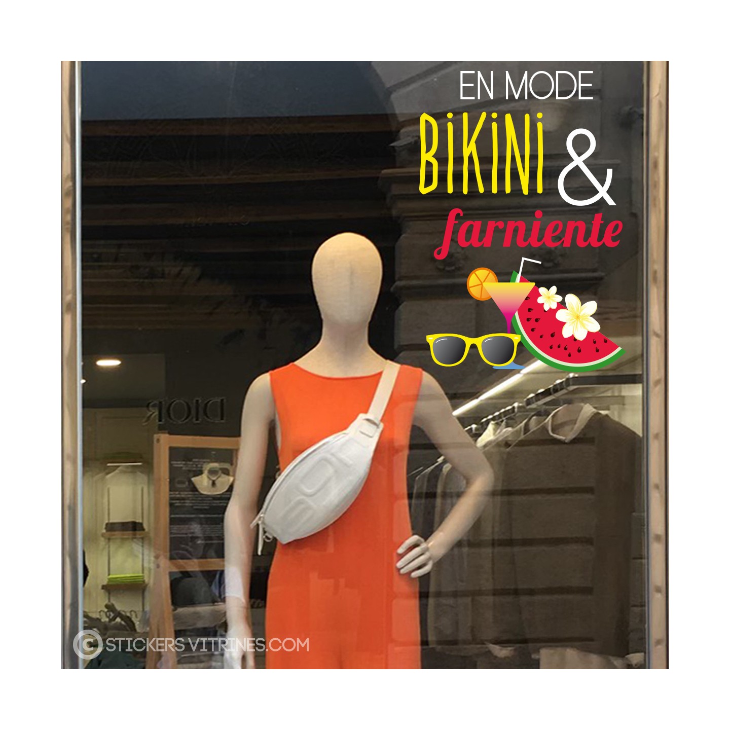 Sticker en mode Bikini et farniente vitres magasin été pastèque cocktail maillot de bain piscine mer mode lunettes de soleil