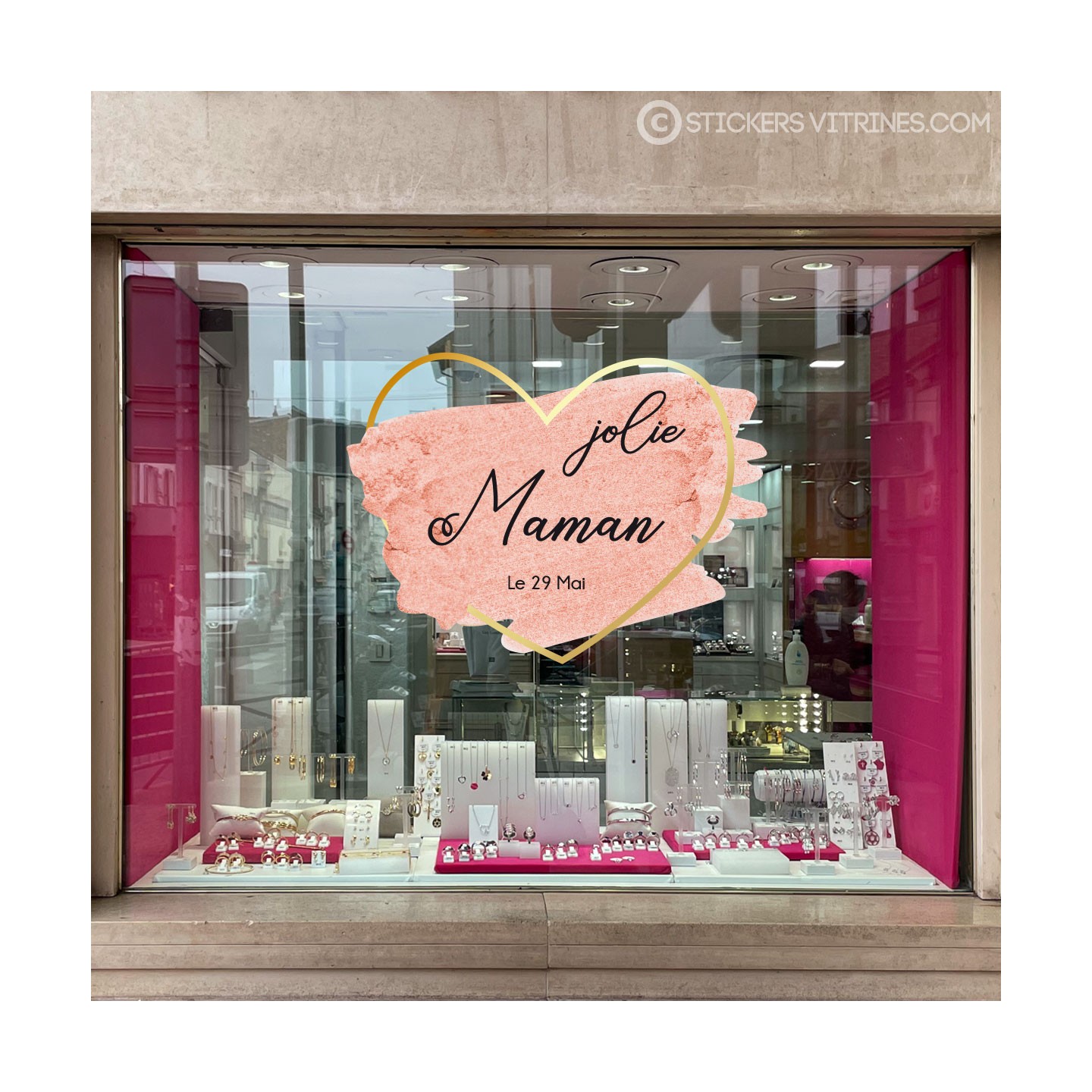 Sticker Coeur Paillette Jolie maman Vitrophanie lettrage adhesif Boutique Calicot bijouterie fleuriste mode fete meres idee  dec