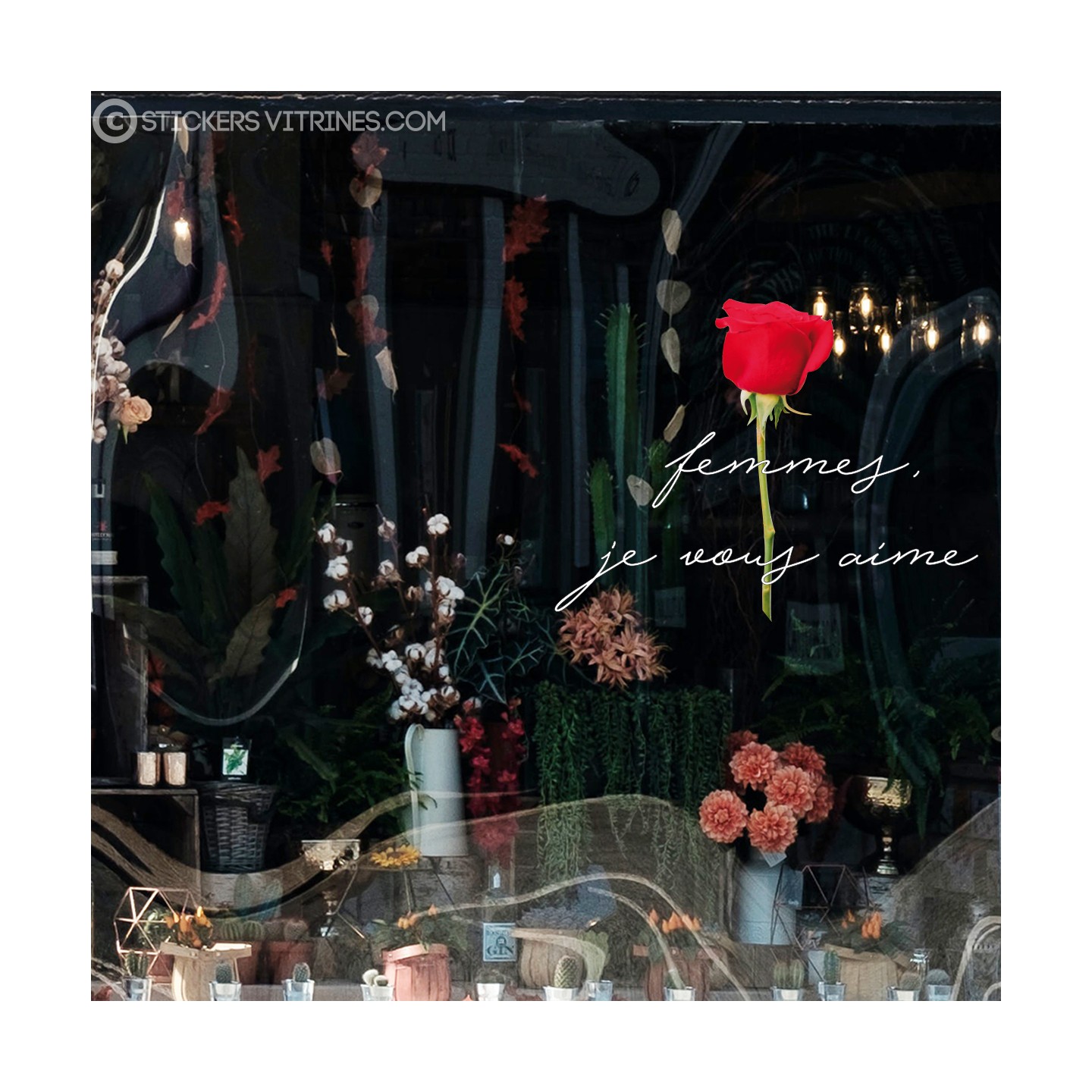 STICKER FEMMES JE VOUS AIME JOURNEE FLEURISTE ADHESIF AUTOCOLLANT FLEUR LETTRAGE ROSE