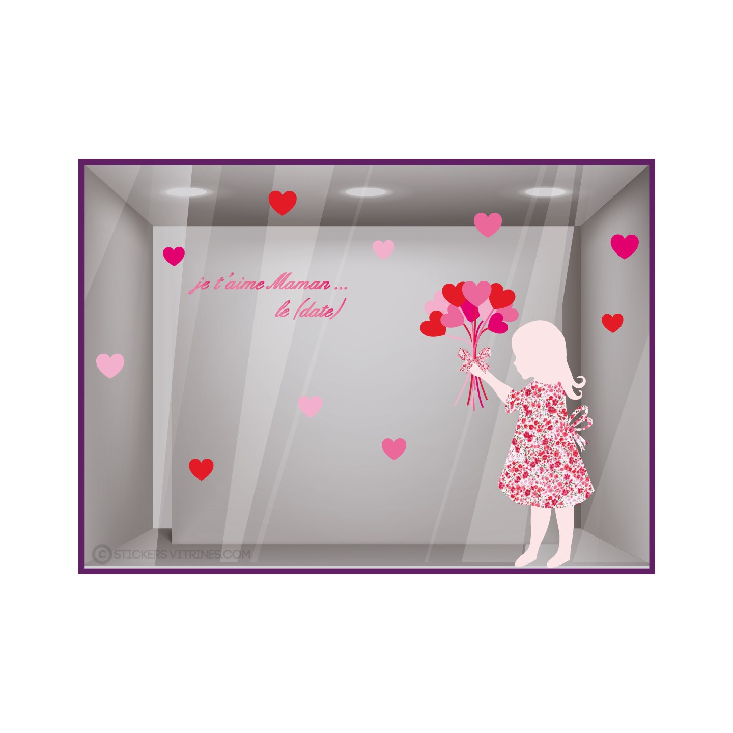 Kit de stickers petite fille bouquet fete des meres magasin mode fleuriste adhesif vitrine coeur liberty lettrage rose maman 