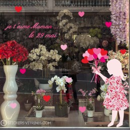Kit de stickers petite fille bouquet fete des meres magasin mode fleuriste adhesif vitrine coeur liberty lettrage rose maman