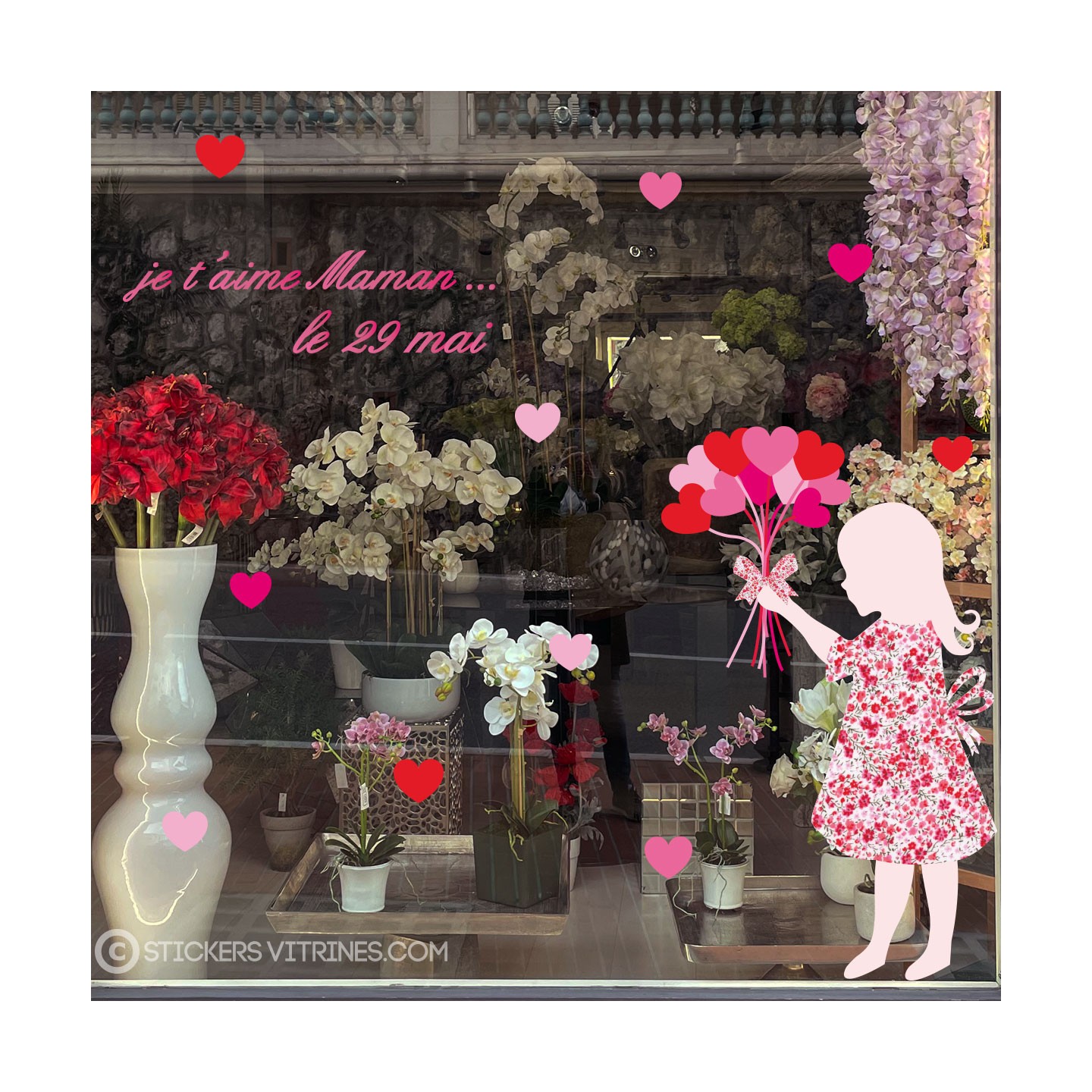 Kit de stickers petite fille bouquet fete des meres magasin mode fleuriste adhesif vitrine coeur liberty lettrage rose maman