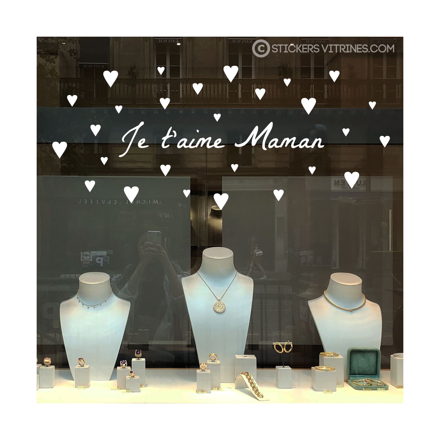 Sticker Je t'aime Maman Petits Coeurs fete des meres mamans calicot lettrage adhesif fleuriste mode parfumerie