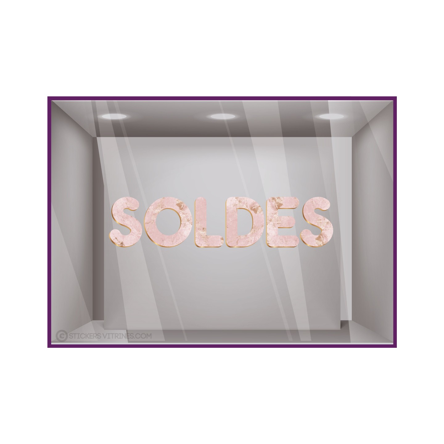 stickers soldes marbre rose or promotion destockage magasin mode boutique vitrine vitrophanie lettrage adhesif