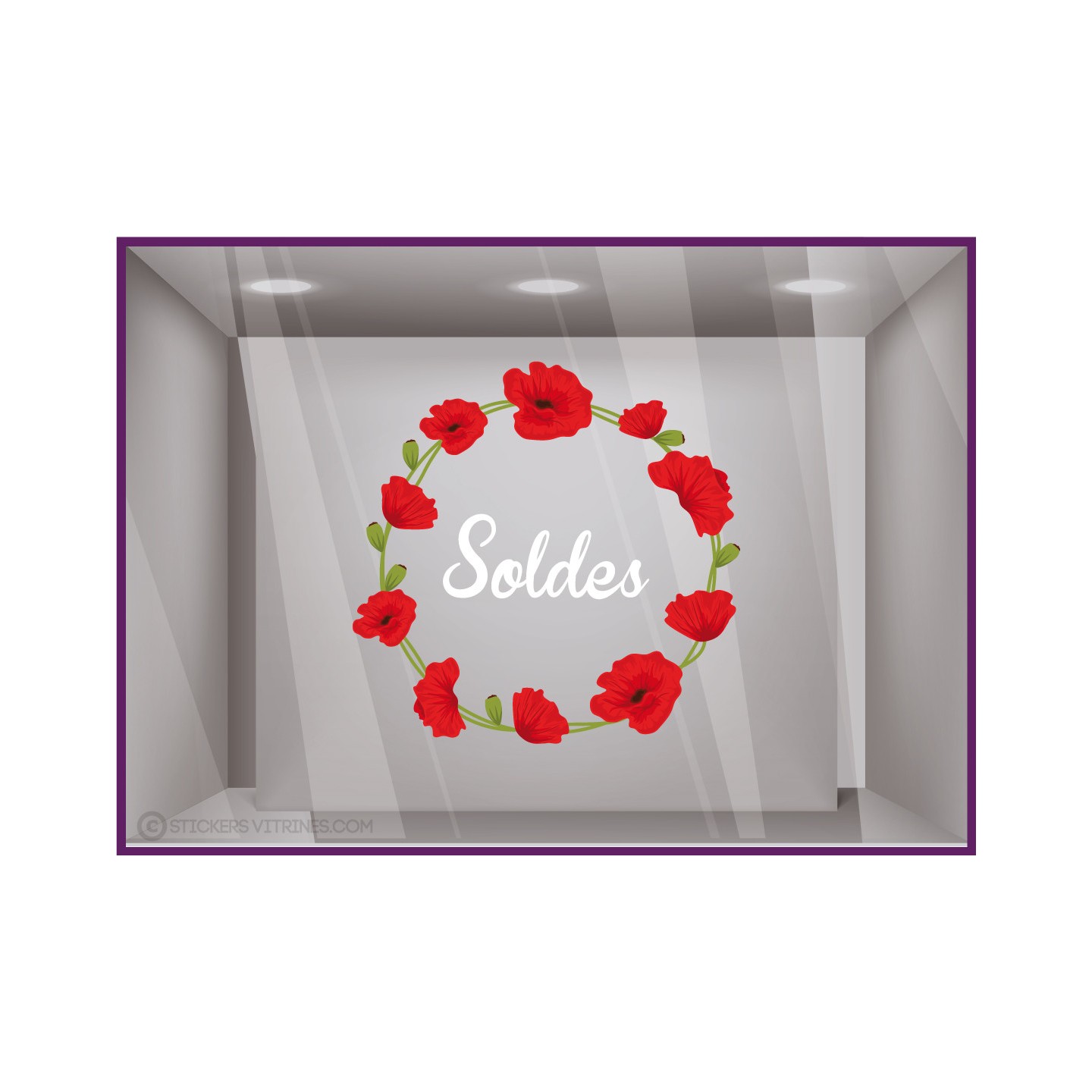 sticker soldes couronne coquelicots fleur vitrine boutique mode bijouterie vitrophanie destockage braderie marquage adhesif