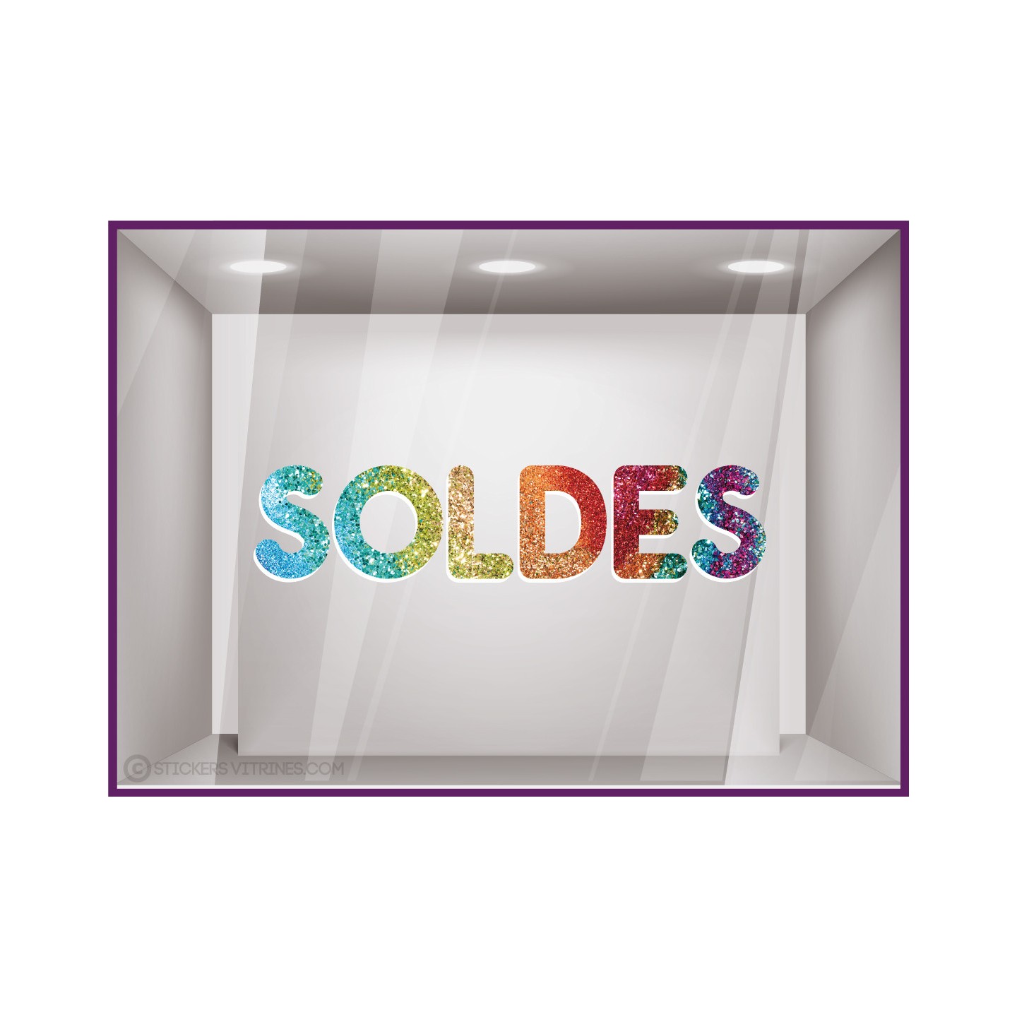 sticker soldes paillettes arc en ciel vitrine devanture vitrophanie magasin boutique mode beaute decoration lettre adhesive 