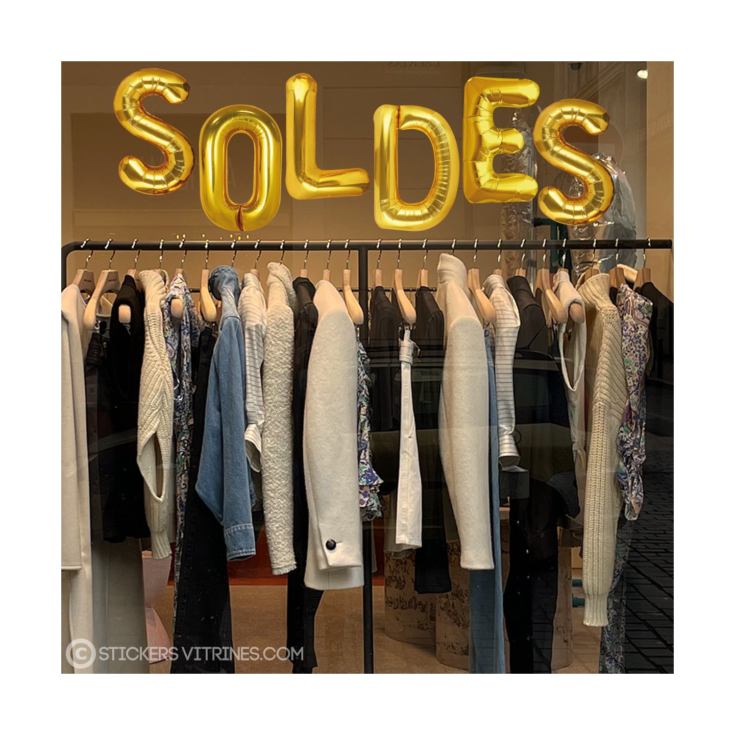 sticker soldes ballons lettres or lettrage autocollant géant vitrine vitrophanie devanture boutique decoration calicot pas cher