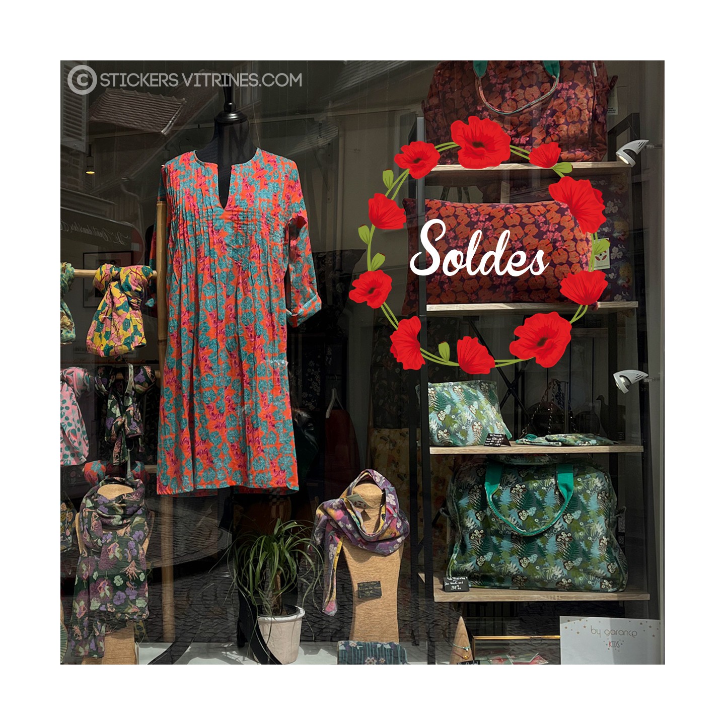 sticker soldes couronne coquelicots fleur vitrine boutique mode bijouterie vitrophanie destockage braderie marquage adhesif