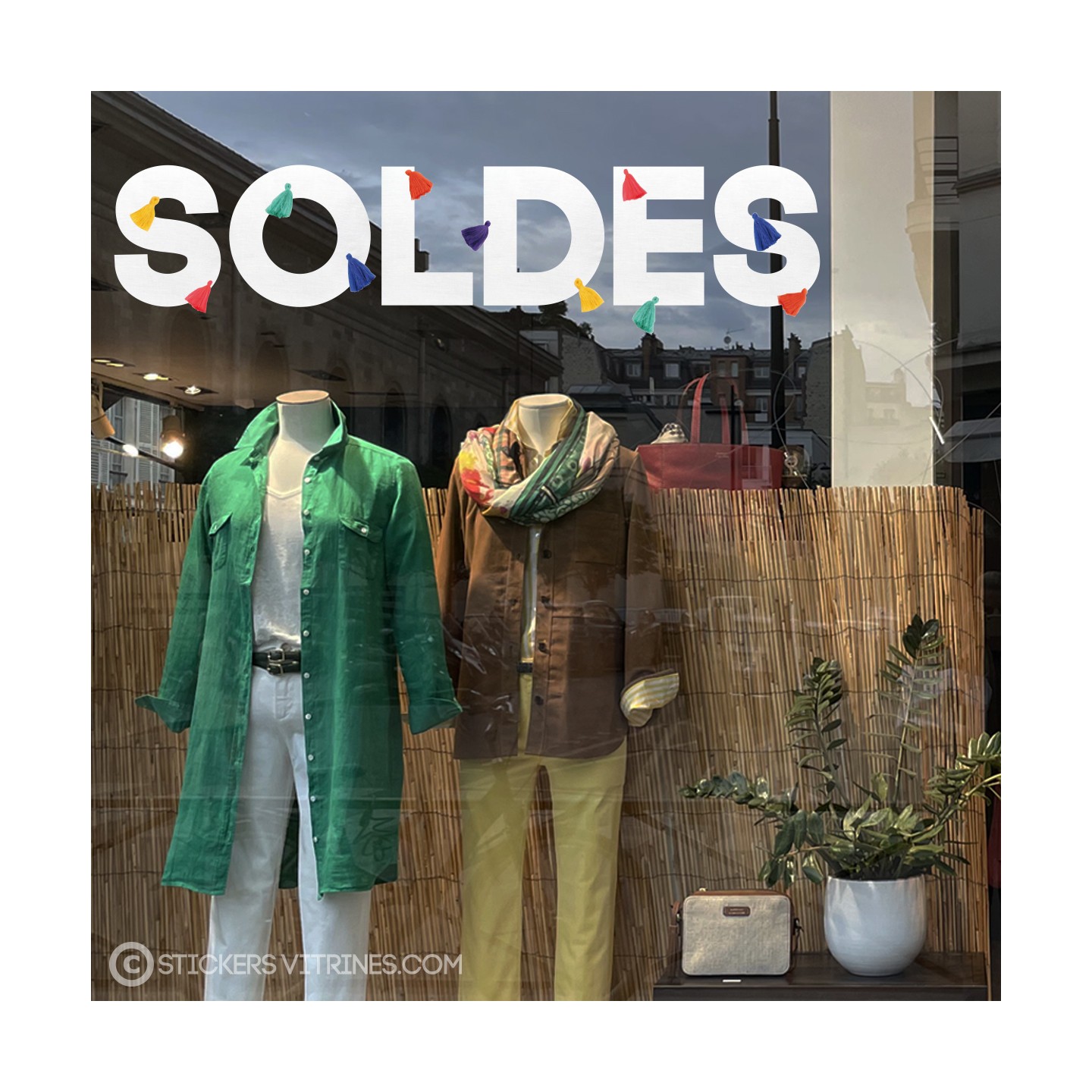 Sticker Soldes Pompoms Décoration été vitrine boutique mode  vitrophanie calicot