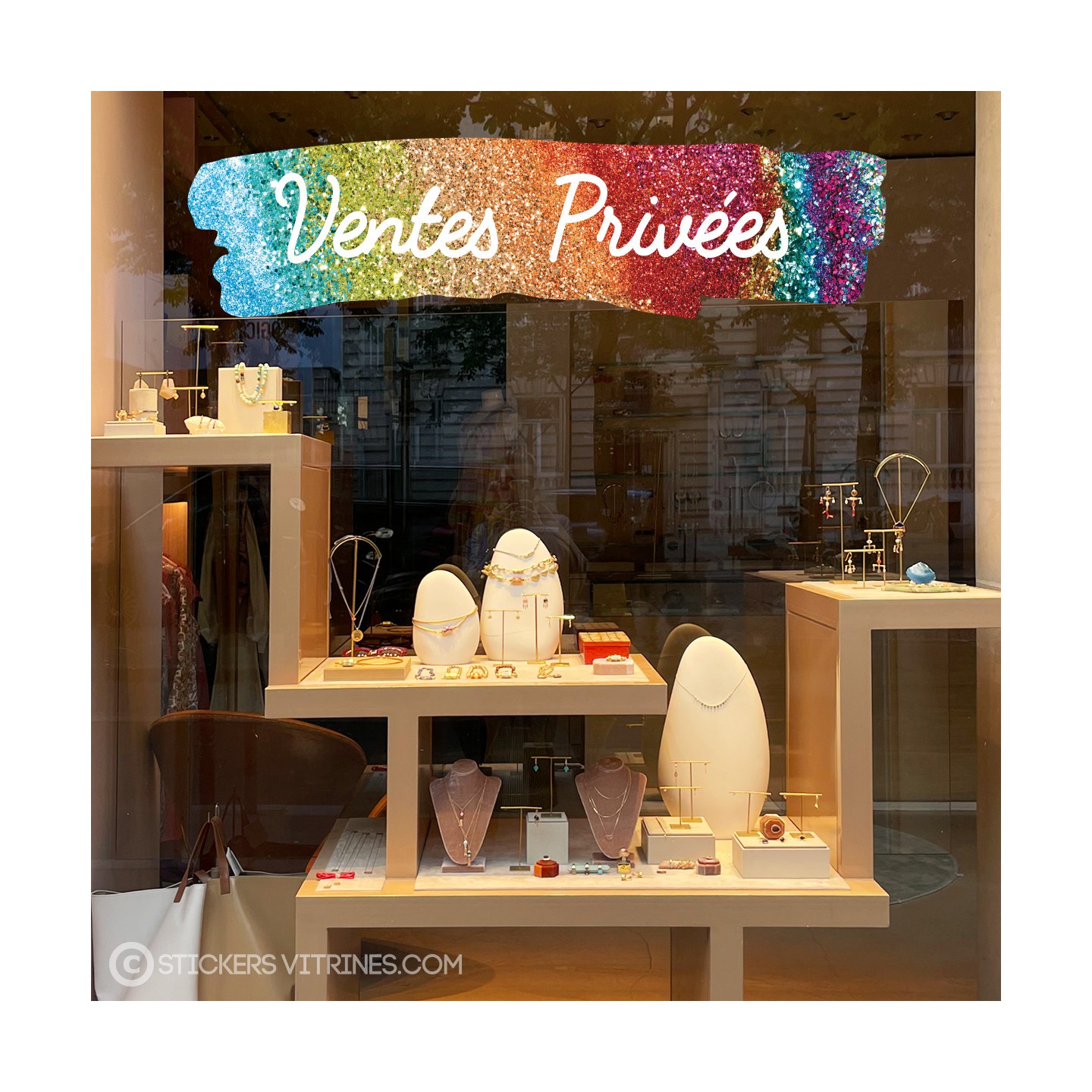 Sticker Bandeau Ventes privees paillete arc en ciel devanture vitrine soldes promotions calicot lettrage autocollant adhesif mod