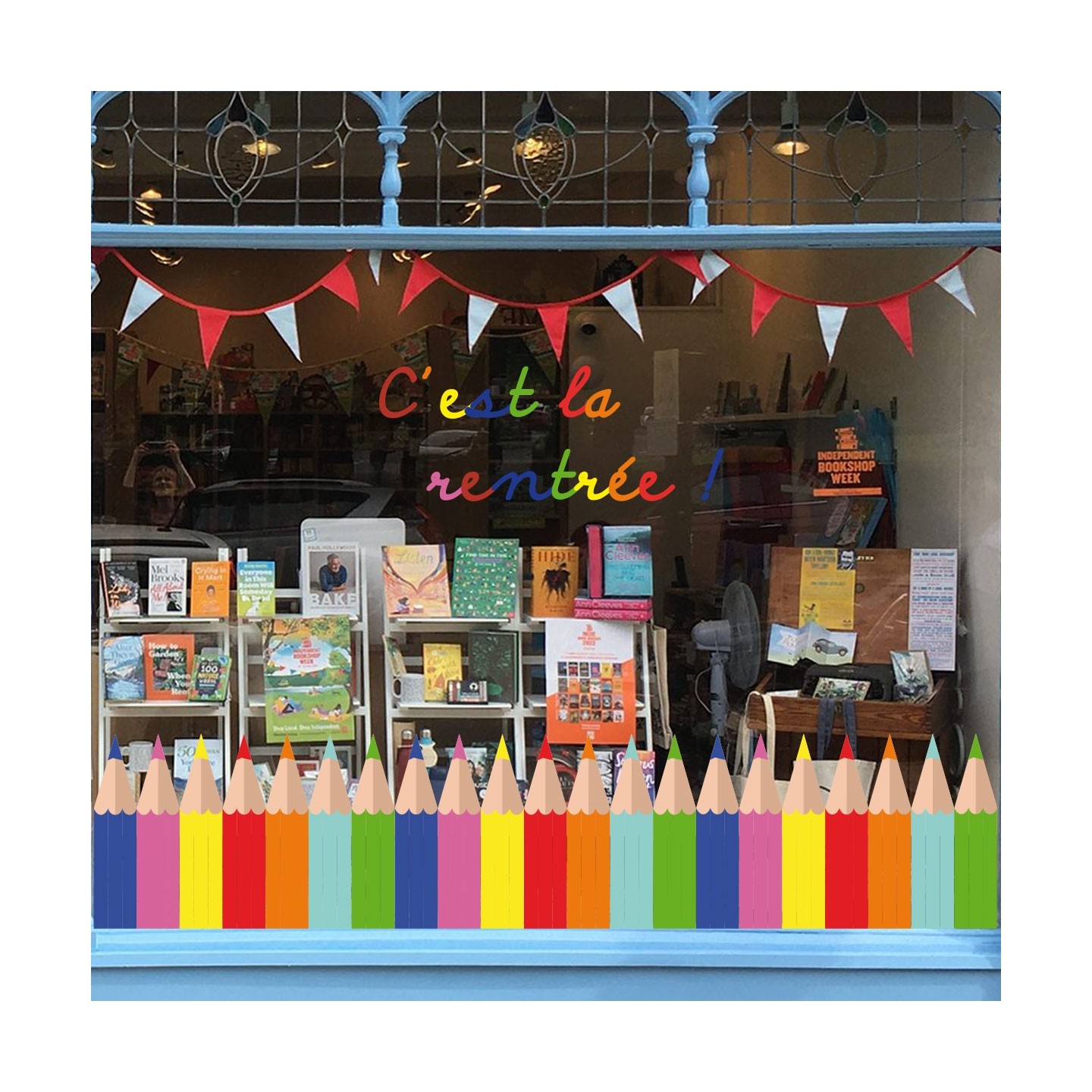 Kit de stickers Frises Crayons C'est la Rentree vitrine devanture boutique lettrage JOUET CALICOT