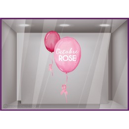 Stickers Ballons Octobre Rose vitrophanie calicot autocollant ruban cancer sein magasin vitrine publicitaire