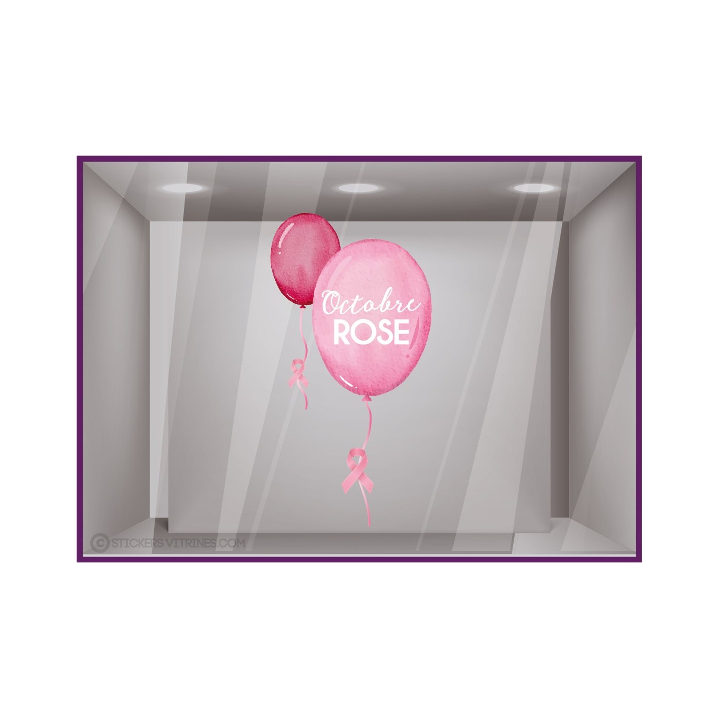 Stickers Ballons Octobre Rose vitrophanie calicot autocollant ruban cancer sein magasin vitrine publicitaire