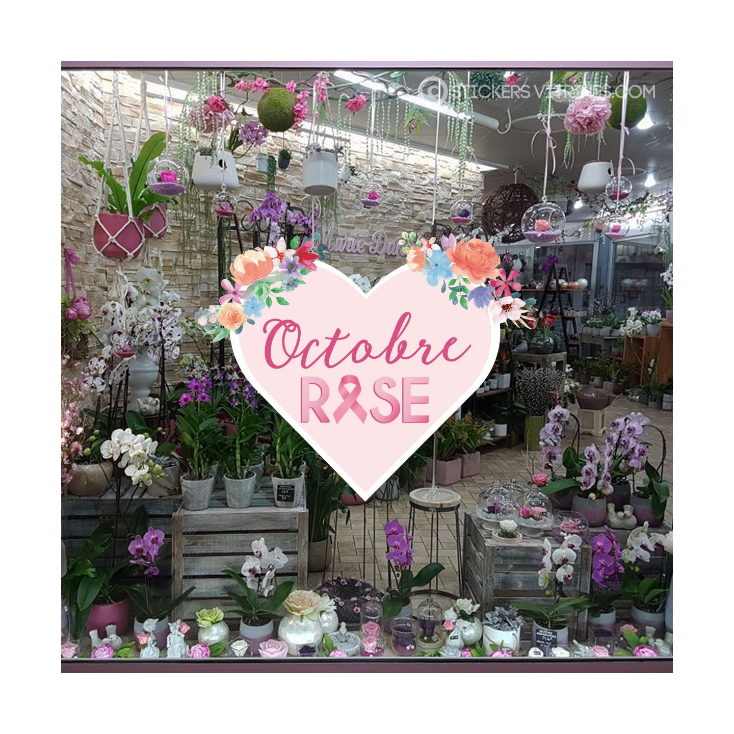 Sticker Coeur Fleurs Femme Octobre Rose sein devanture cabinet médical laboratoire pharmacie cancer adhésif déco magasin 