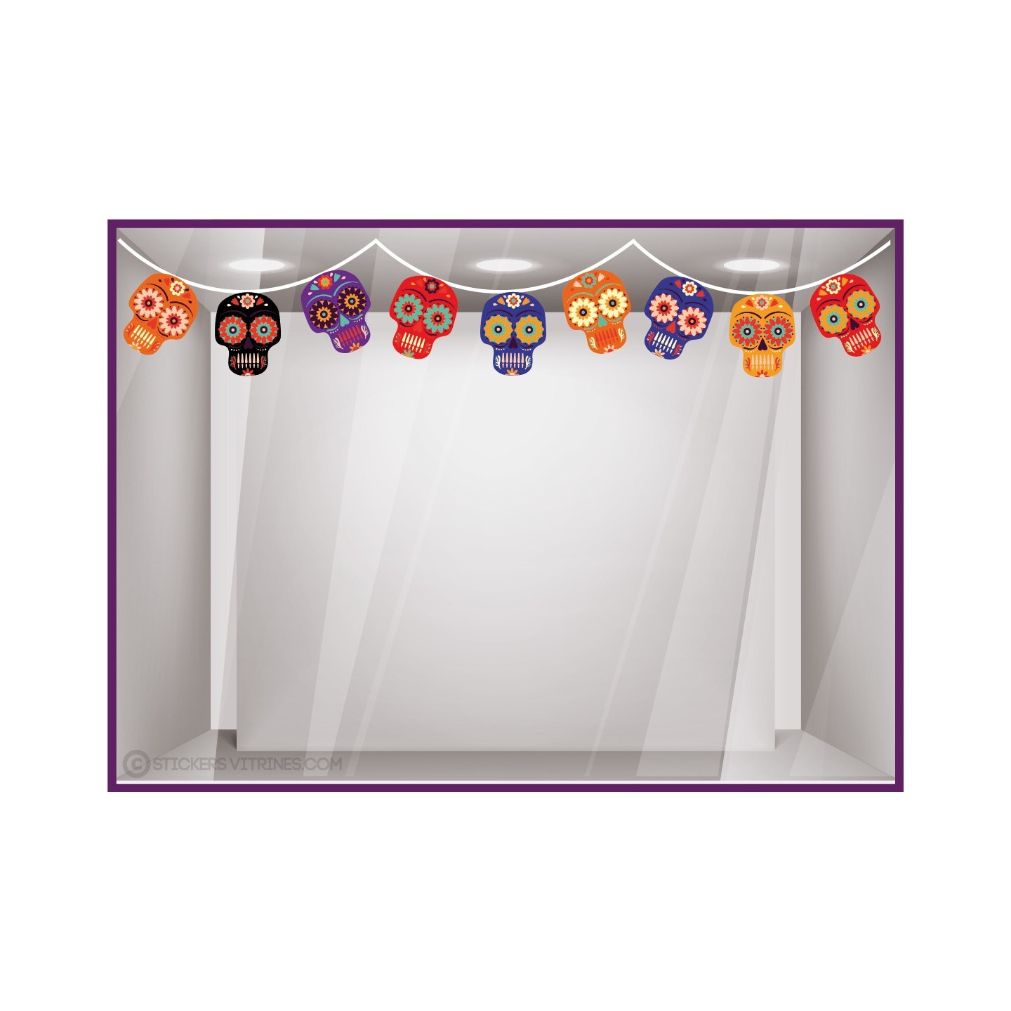 Kit de stickers Frise Tête de Mort Mexicaine Halloween vitrophanie idee decoration magasin boutique deguisement