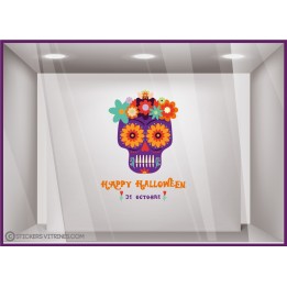 Sticker Tete de Mort Mexicaine Halloween vitrophanie fleurs calicot squelette magasin