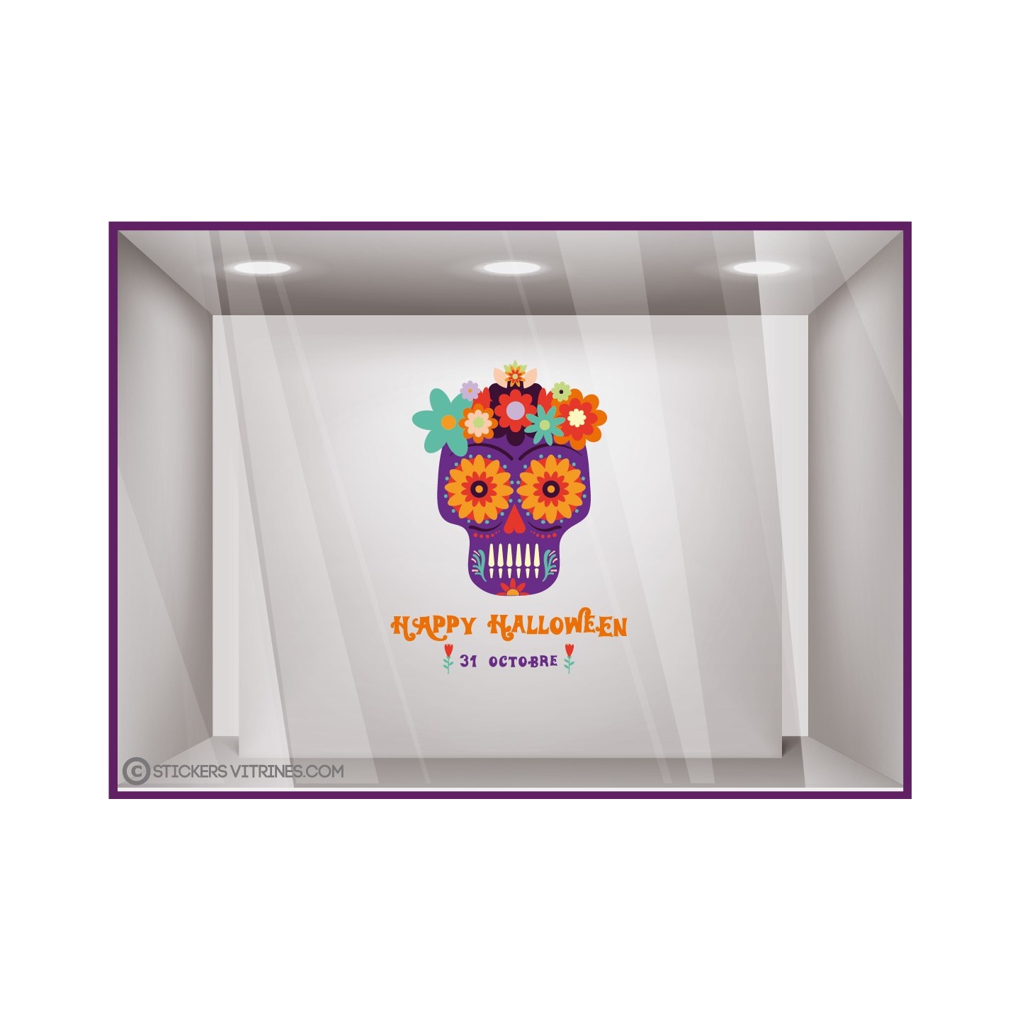 Sticker Tete de Mort Mexicaine Halloween vitrophanie fleurs calicot squelette magasin