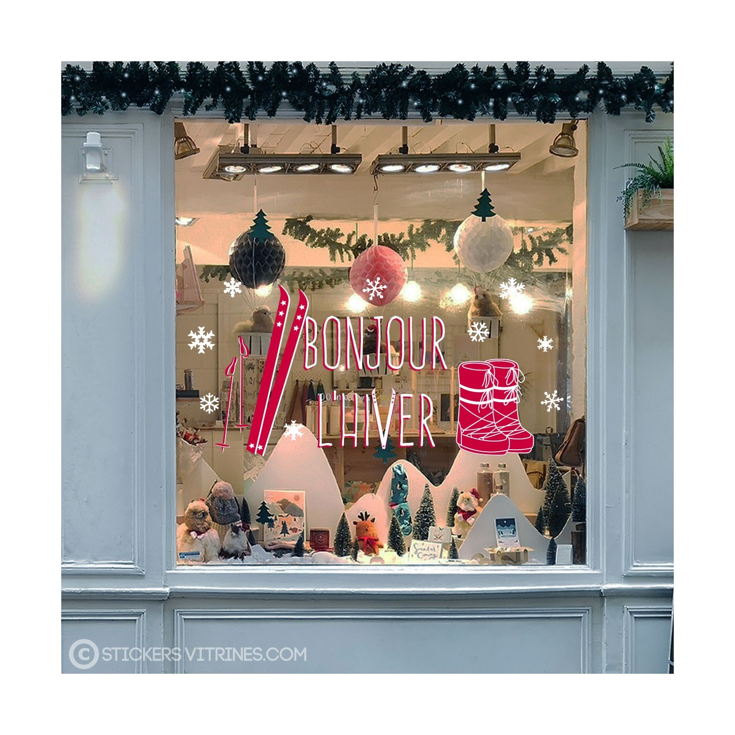 Sticker Bonjour hiver Apres ski moonboots noel vitrophanie vitrine magasin decoration commerce