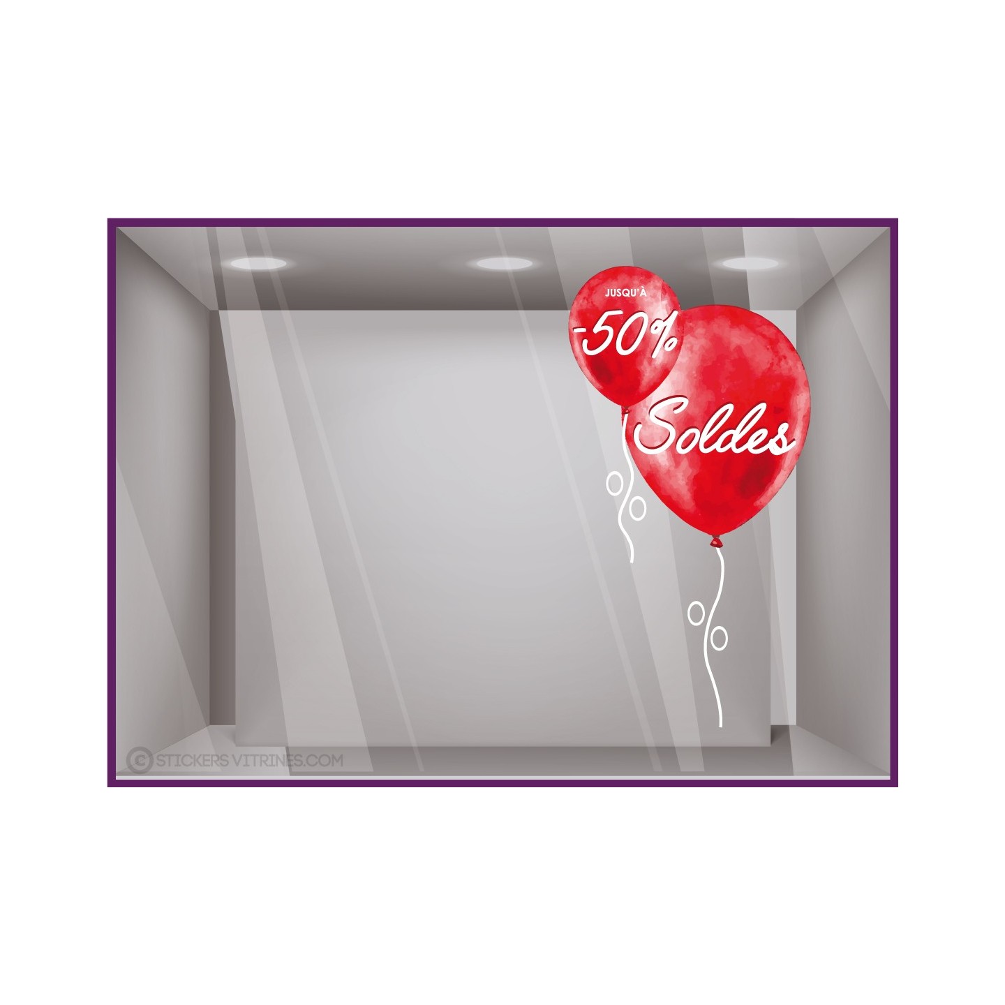 STICKER SOLDES BALLONS ROUGES PROMOTIONS VITROPHANIE FOURNISSEUR MAGASIN COMMERCE CALICOT AUTOCOLLANT GEANT