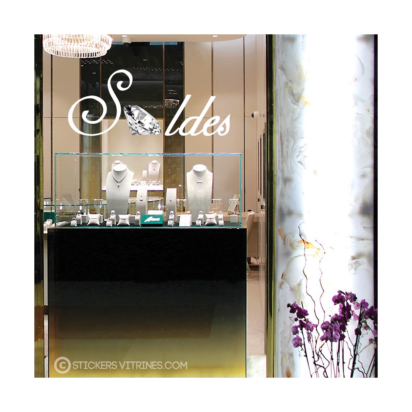STICKER SOLDES DIAMANT POUR VITRINE DE MAGASIN BIJOUTERIE FOURNISSEUR VITROPHANIE EN LETTRAGE ADHESIF