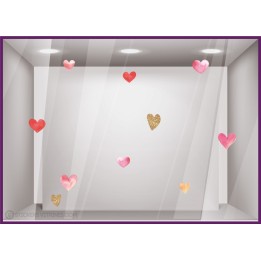 sticker adhesif coeur aquarelle rose rouge paillettes or vitrine magasin vitrophanie calicot fournisseur