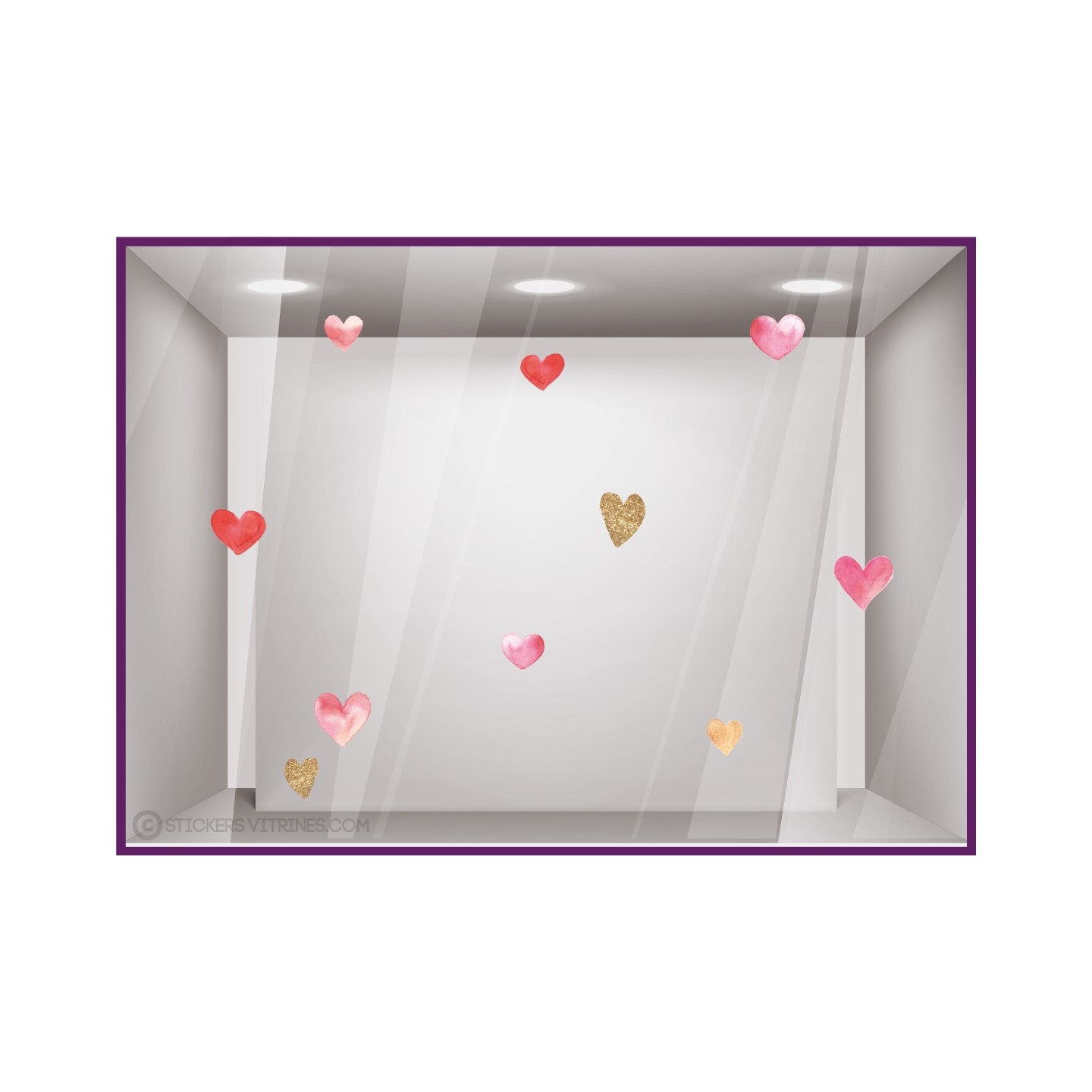 sticker adhesif coeur aquarelle rose rouge paillettes or vitrine magasin vitrophanie calicot fournisseur