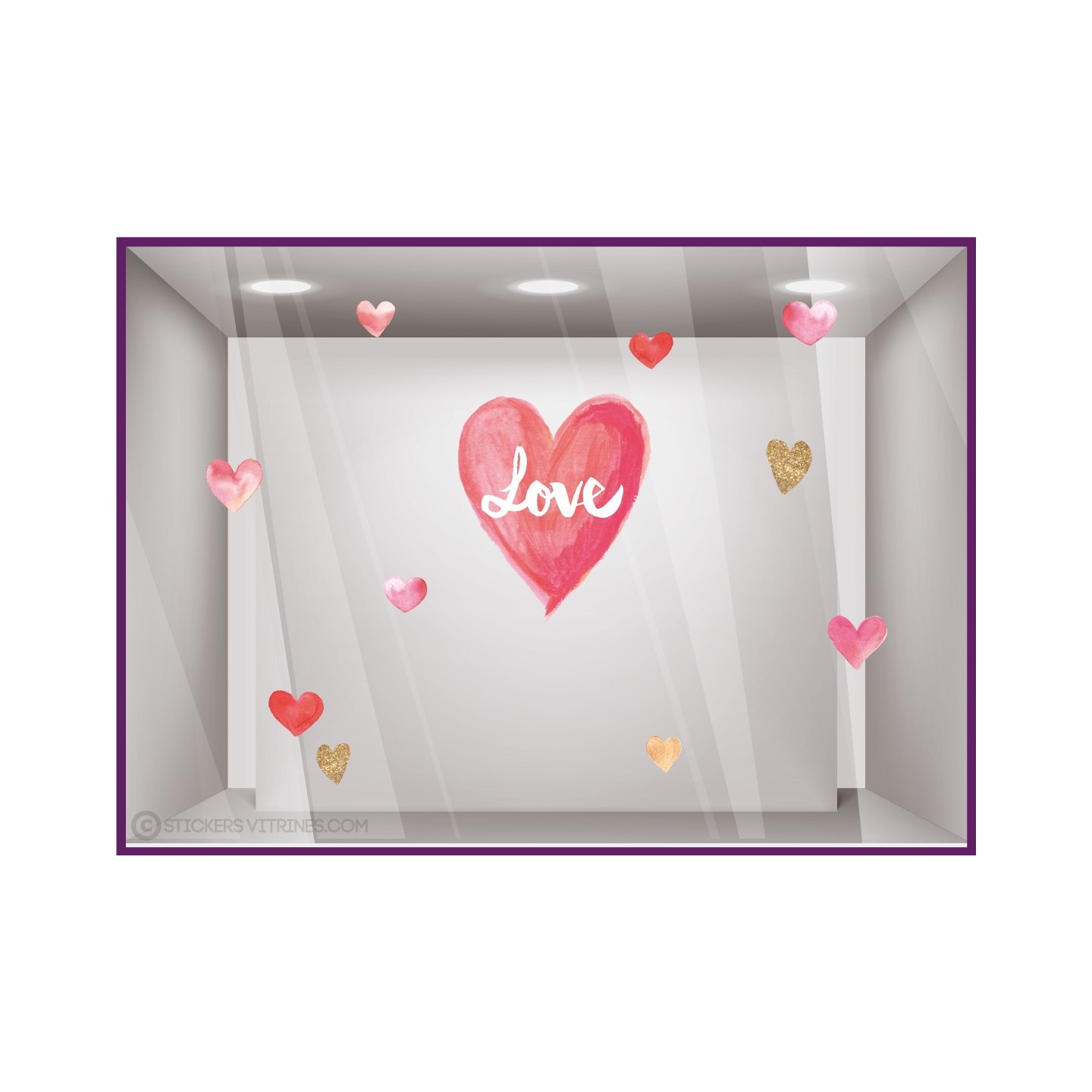 Kit de Stickers Coeurs Love Aquarelle St Valentin vitrine magasin devanture idee deco