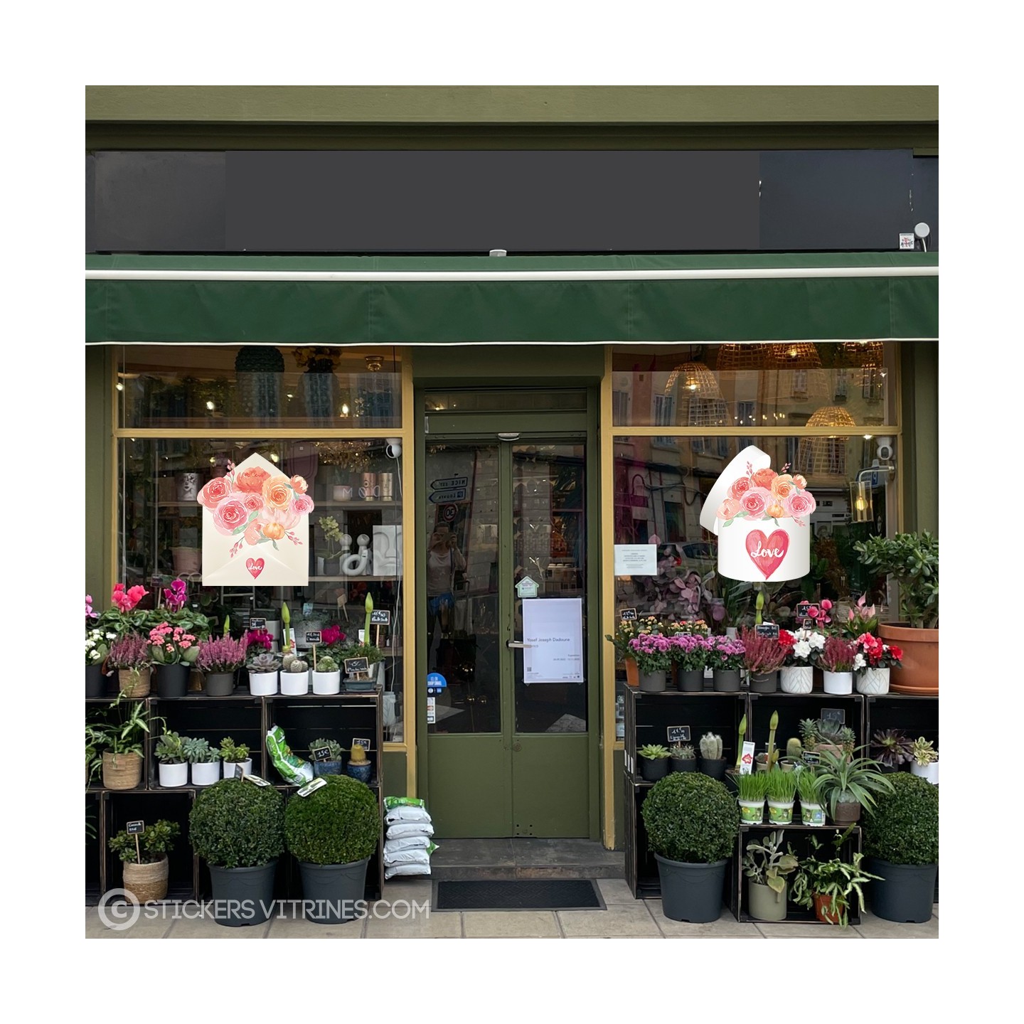 STICKER FLEURISTE FLEURS ST VALENTIN ENEVELOPPE BOITE SIAINT VITRINE MAGASIN IDEE DECO