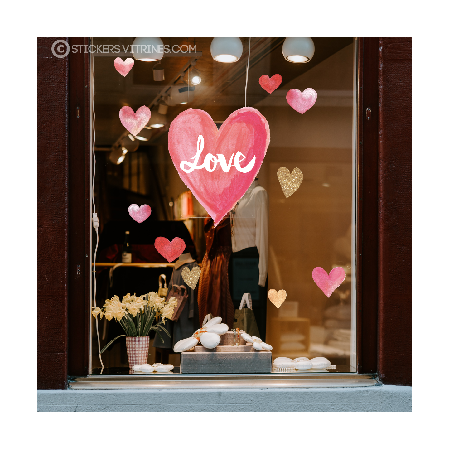 STICKER VITRINE LOVE COEUR FLEURS ST VALENTIN SAINT DECO MAGASIN VITRE IDEE BOUTIQUE PAILLETTE AQUARELLE