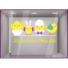 Stickers joyeuses paques poussin poule cocotte vitrophanie boulangerie patisserie chocolatier vitrophanie deco