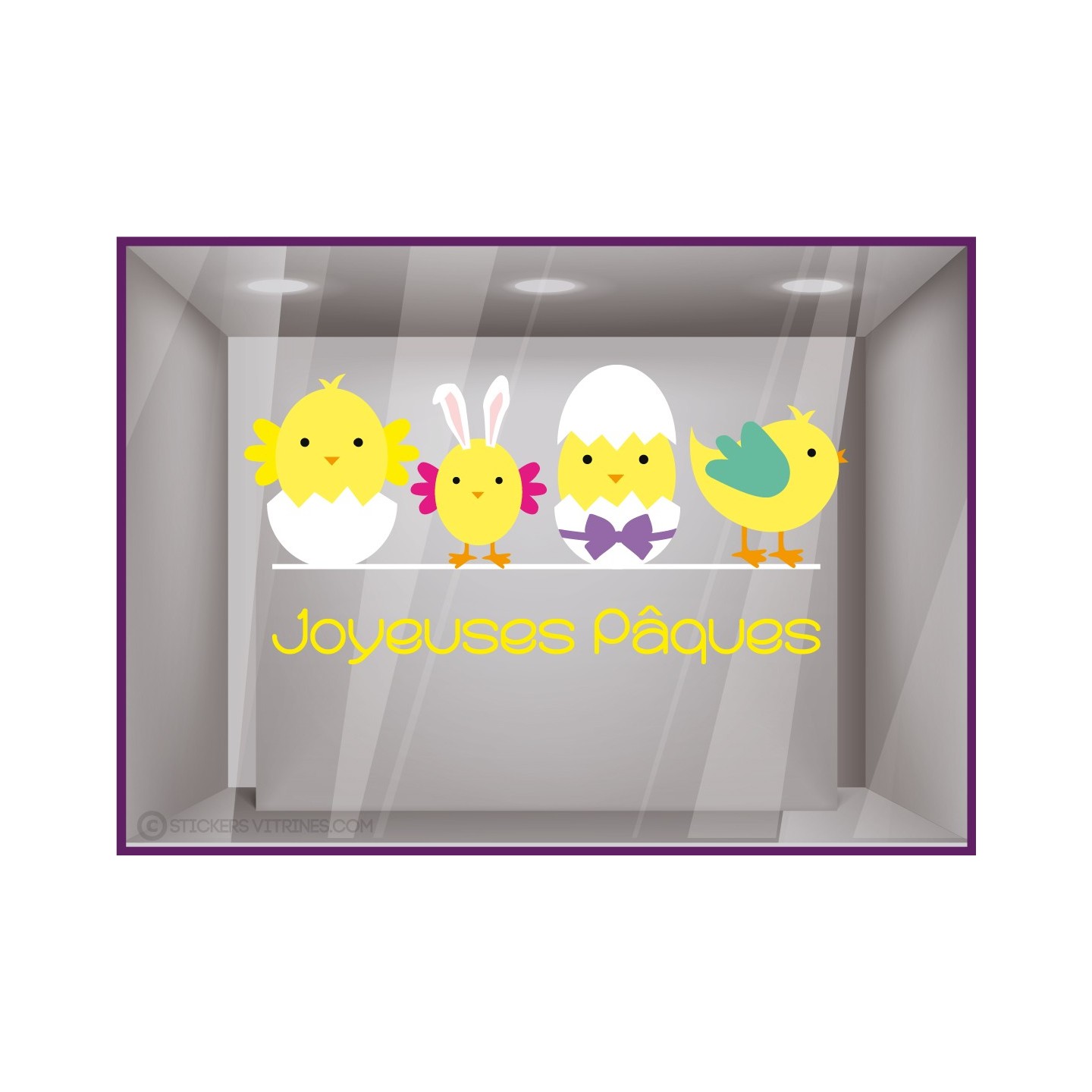 Stickers joyeuses paques poussin poule cocotte vitrophanie boulangerie patisserie chocolatier vitrophanie deco