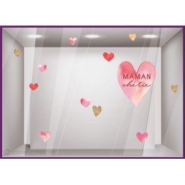 STICKER VITRINE COEUR MAMAN CHERIE  FETE DES MERES DECO MAGASIN VITRE IDEE BOUTIQUE PAILLETTE AQUARELLE FLEURISTE BIJOUTERIE