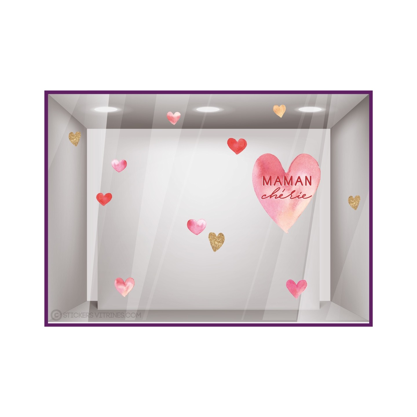 STICKER VITRINE COEUR MAMAN CHERIE  FETE DES MERES DECO MAGASIN VITRE IDEE BOUTIQUE PAILLETTE AQUARELLE FLEURISTE BIJOUTERIE