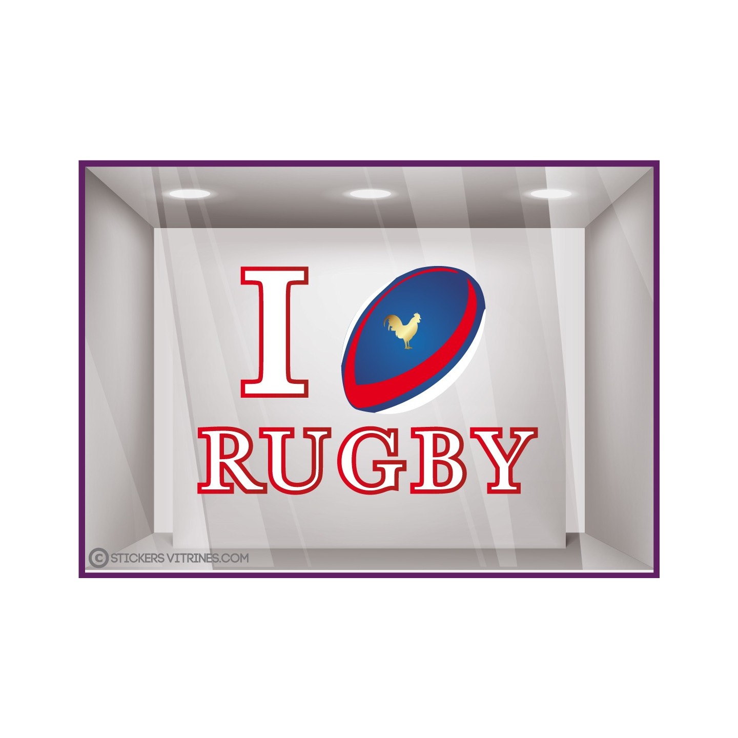 Sticker-I love Rugby-sport-homme-ballon-vitrine-coupe du monde-devanture-lettrage adhesif rouge commerce