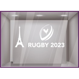ADHESIF-VITRINE-SPORT-COMMERCE-DECORATION-BOUTIQUE-DEVANTURE-FABRICANT-COUPE DU MONDE RUGBY TOUR EIFFEL BLANC
