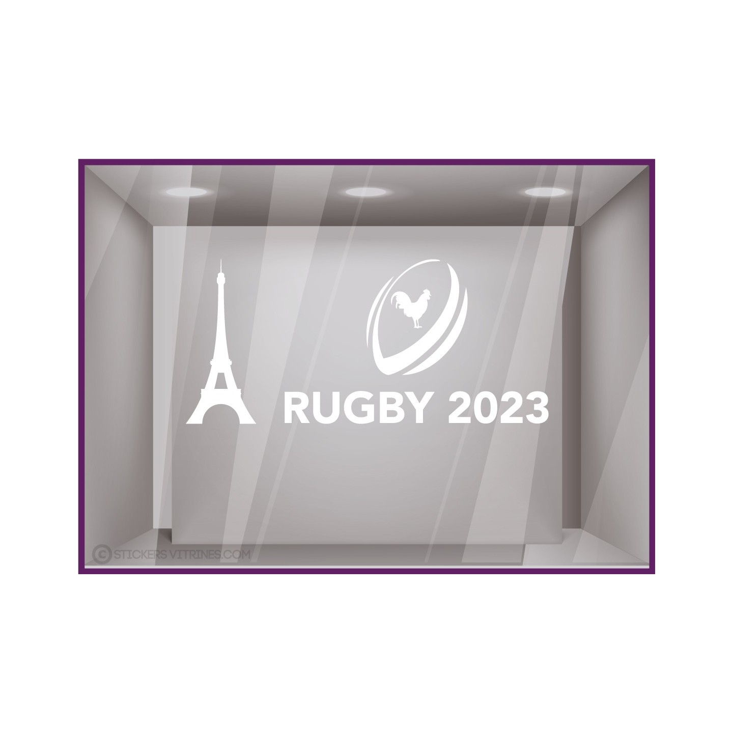 ADHESIF-VITRINE-SPORT-COMMERCE-DECORATION-BOUTIQUE-DEVANTURE-FABRICANT-COUPE DU MONDE RUGBY TOUR EIFFEL BLANC