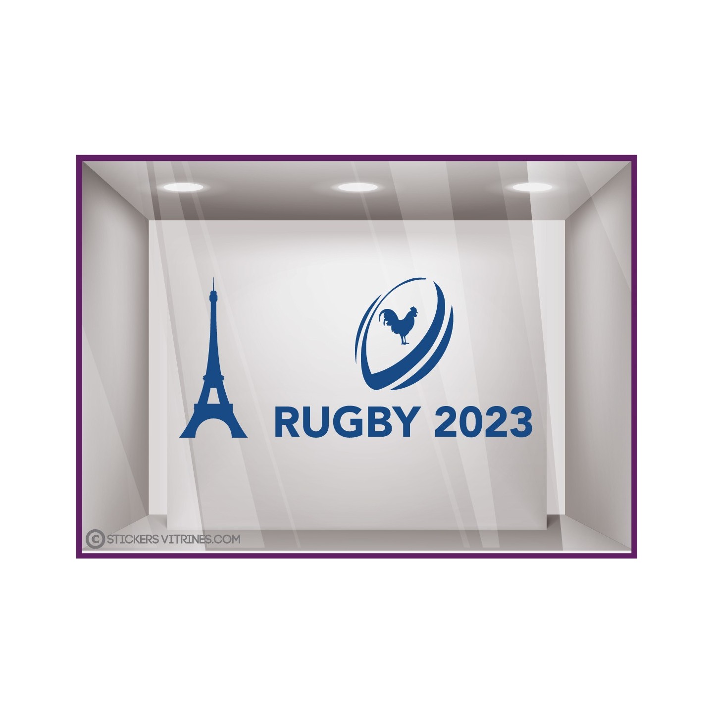 ADHESIF-VITRINE-SPORT-COMMERCE-DECORATION-BOUTIQUE-DEVANTURE-FABRICANT-COUPE DU MONDE RUGBY TOUR EIFFEL BLEU