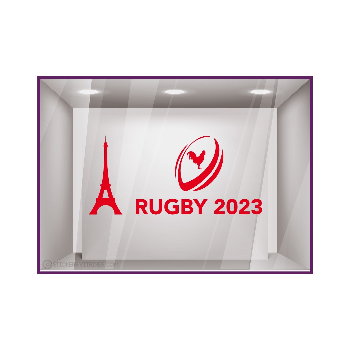 ADHESIF-VITRINE-SPORT-COMMERCE-DECORATION-BOUTIQUE-DEVANTURE-FABRICANT-COUPE DU MONDE RUGBY TOUR EIFFEL ROUGE