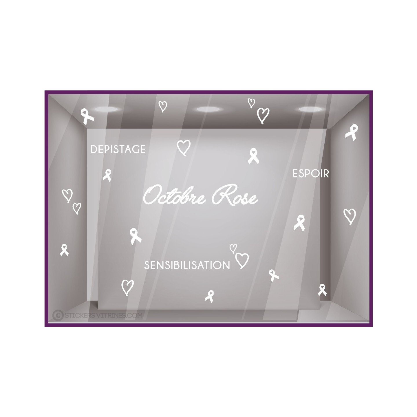 STICKER OCTOBRE ROSE BOUTIQUE MERCHANDISING RUBAN COEUR DEPISTAGE SENSIBLISATION ESPOIR