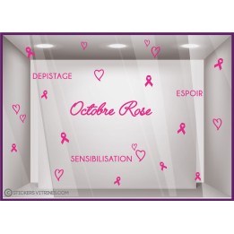 STICKER OCTOBRE ROSE MAGASIN VITRINE DEPISTAGE SENSIBLISATION ESPOIR FUCHSIA COEUR RUBAN