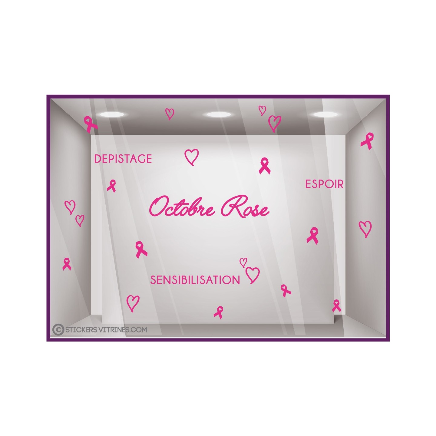 STICKER OCTOBRE ROSE MAGASIN VITRINE DEPISTAGE SENSIBLISATION ESPOIR FUCHSIA COEUR RUBAN