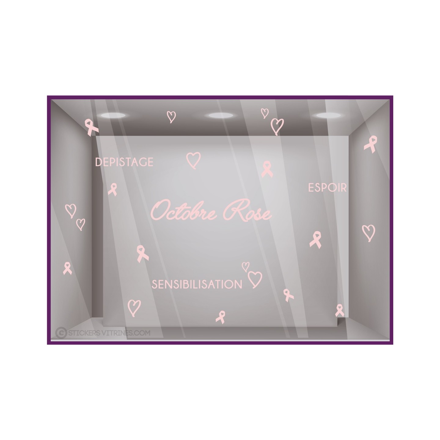STICKER OCTOBRE ROSE COMMERCE DECORATION VITRE DEPISTAGE SENSIBLISATION ESPOIR COEUR RUBAN