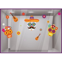 STICKER VITROPHANIE HALLOWEEN TETE DE MORT MEXICAINE DIA DE MUERTOS FLEUR GUITARE SQUELETTE