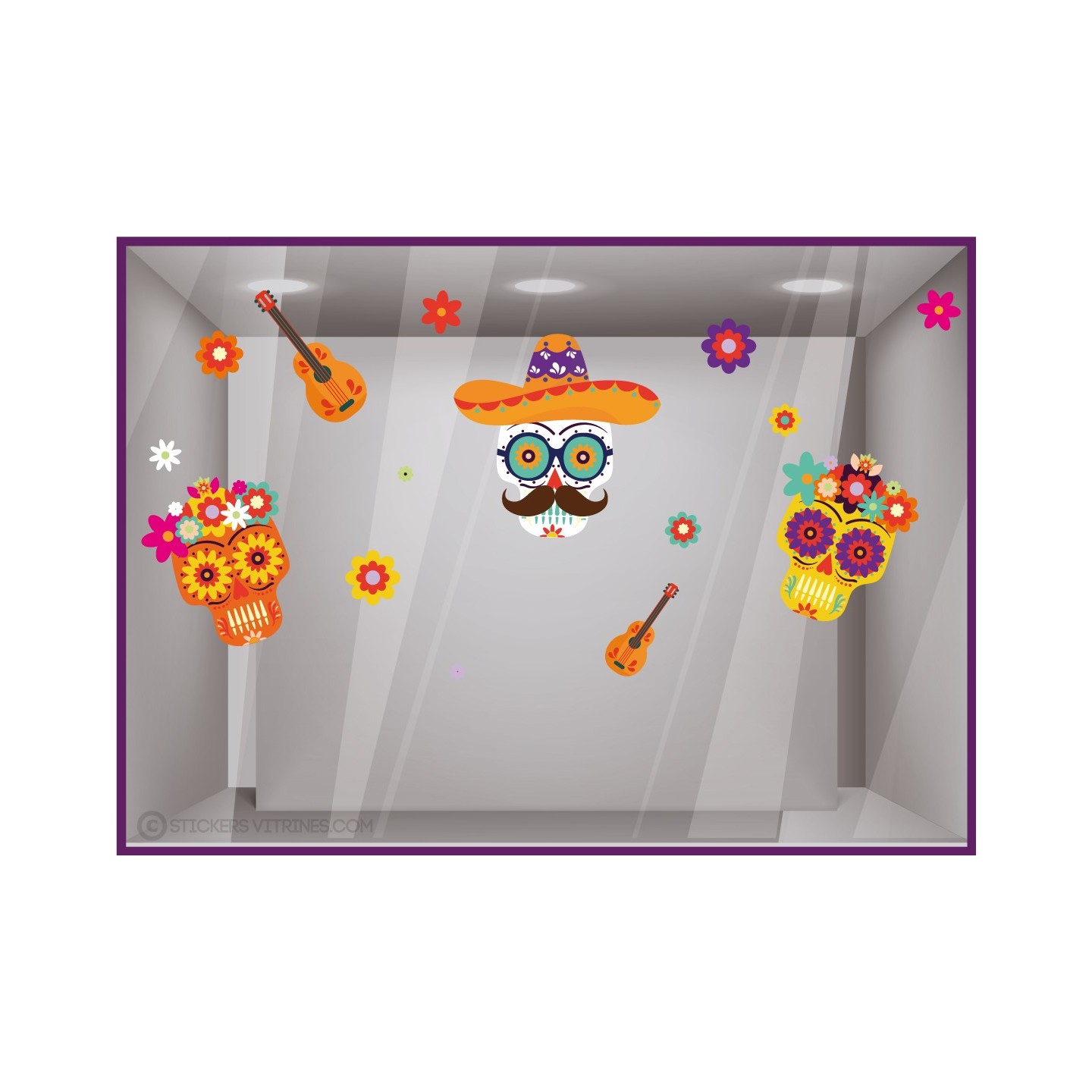 STICKER VITROPHANIE HALLOWEEN TETE DE MORT MEXICAINE DIA DE MUERTOS FLEUR GUITARE SQUELETTE