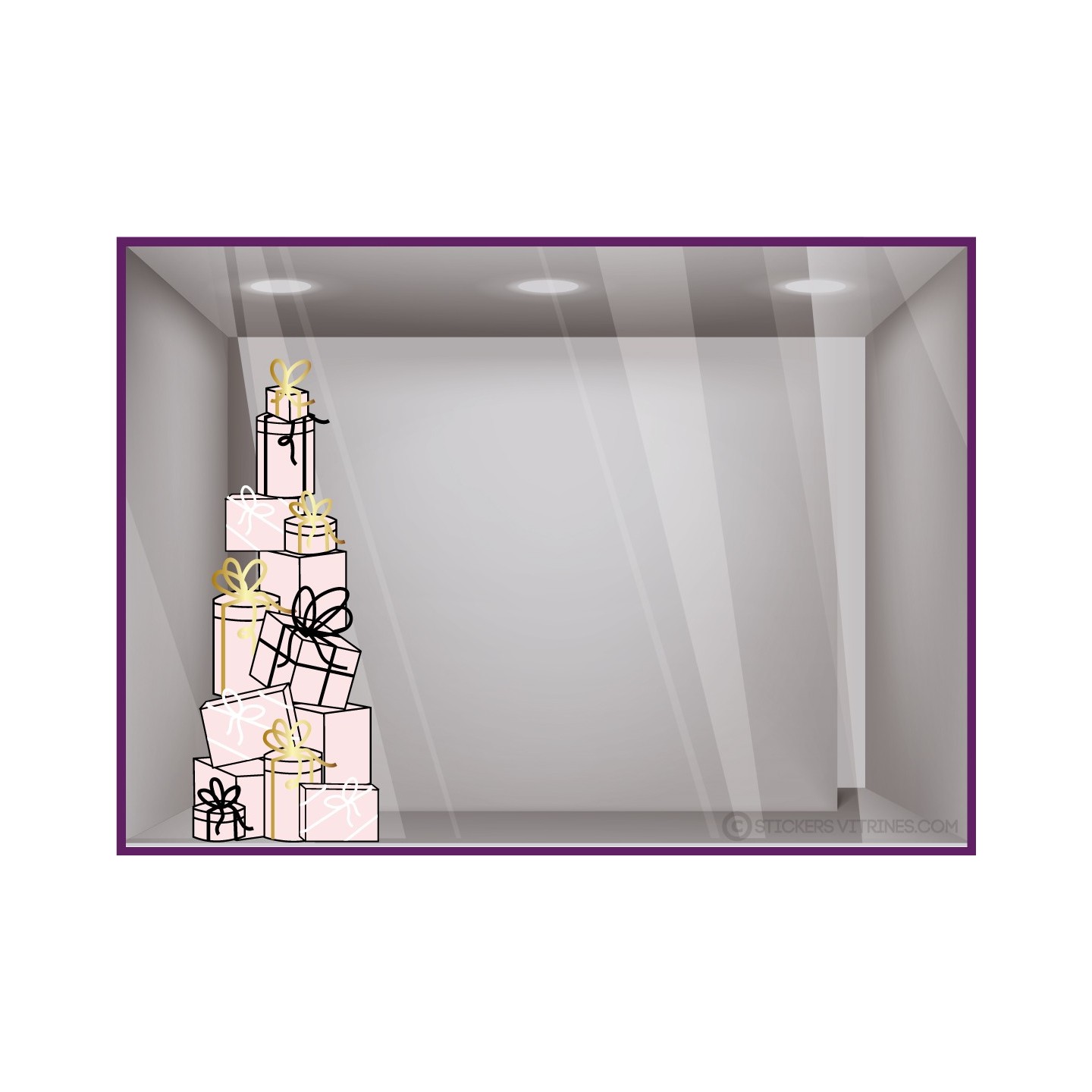 STICKER MONTAGNE CADEAUX ELEGANTS VITROPHANIE NOEL BOUTIQUE VITRINE MAGASIN ROSE NOEUDS DECORATION