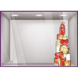 STICKER MONTAGNE CADEAUX ELEGANTS VITROPHANIE NOEL BOUTIQUE VITRINE MAGASIN OR ROUGE AUTOCOLLANT  GEANT