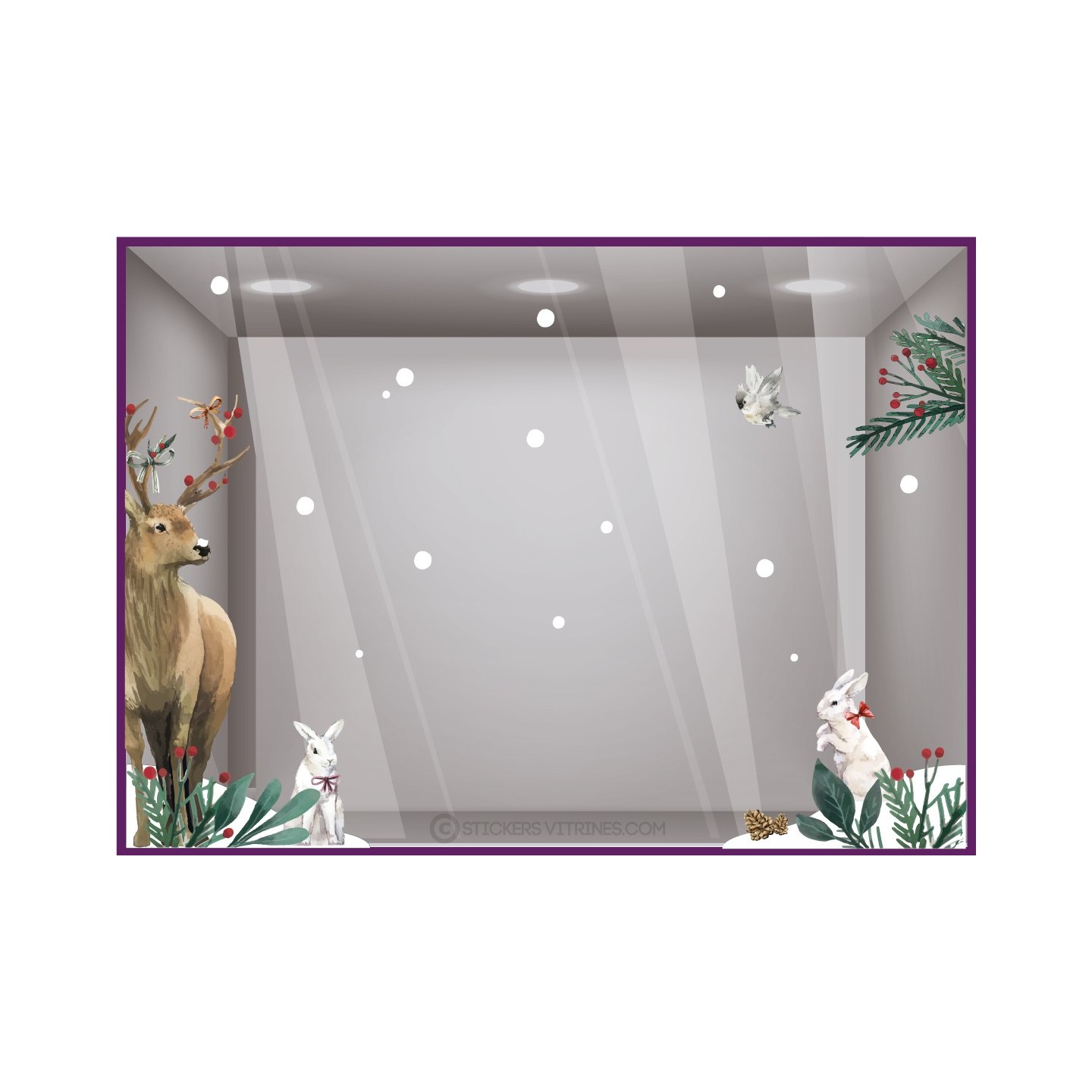 STICKER CERF LAPIN AQUARELLE VITROPHANIE NOEL BOUTIQUE VITRINE MAGASIN ANIMAUX FETES RENNES SAPIN