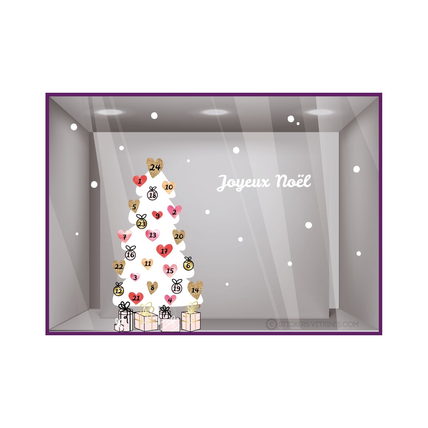 STICKERS SAPIN COEUR CALENDRIER DE L'AVENT NOEL CADEAUX CALICOT VITROPHANIE BOUTIQUE VITRINE MAGASIN JOYEUX DEVANTURE DECORATION