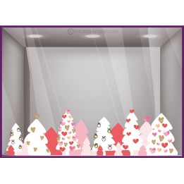 NOEL SAPINS COEUR CALICOT VITROPHANIE BOUTIQUE VITRINE MAGASIN BLANC ROSE FORET IDEE DECORATION